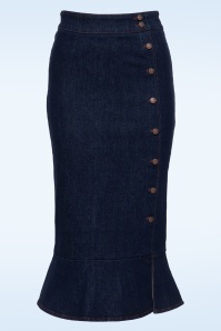 Queen Kerosin - Fishtail Denim Pencil Skirt in Dark Blue Wash