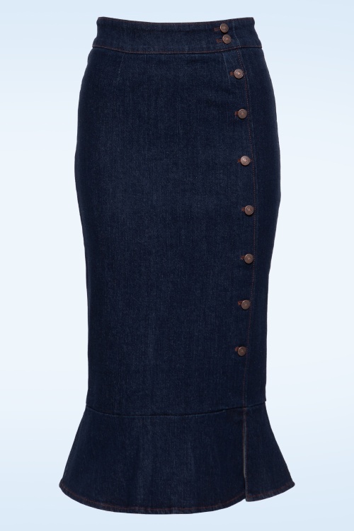 Queen Kerosin - Fishtail denim pencil rok in donkerblauwe wassing