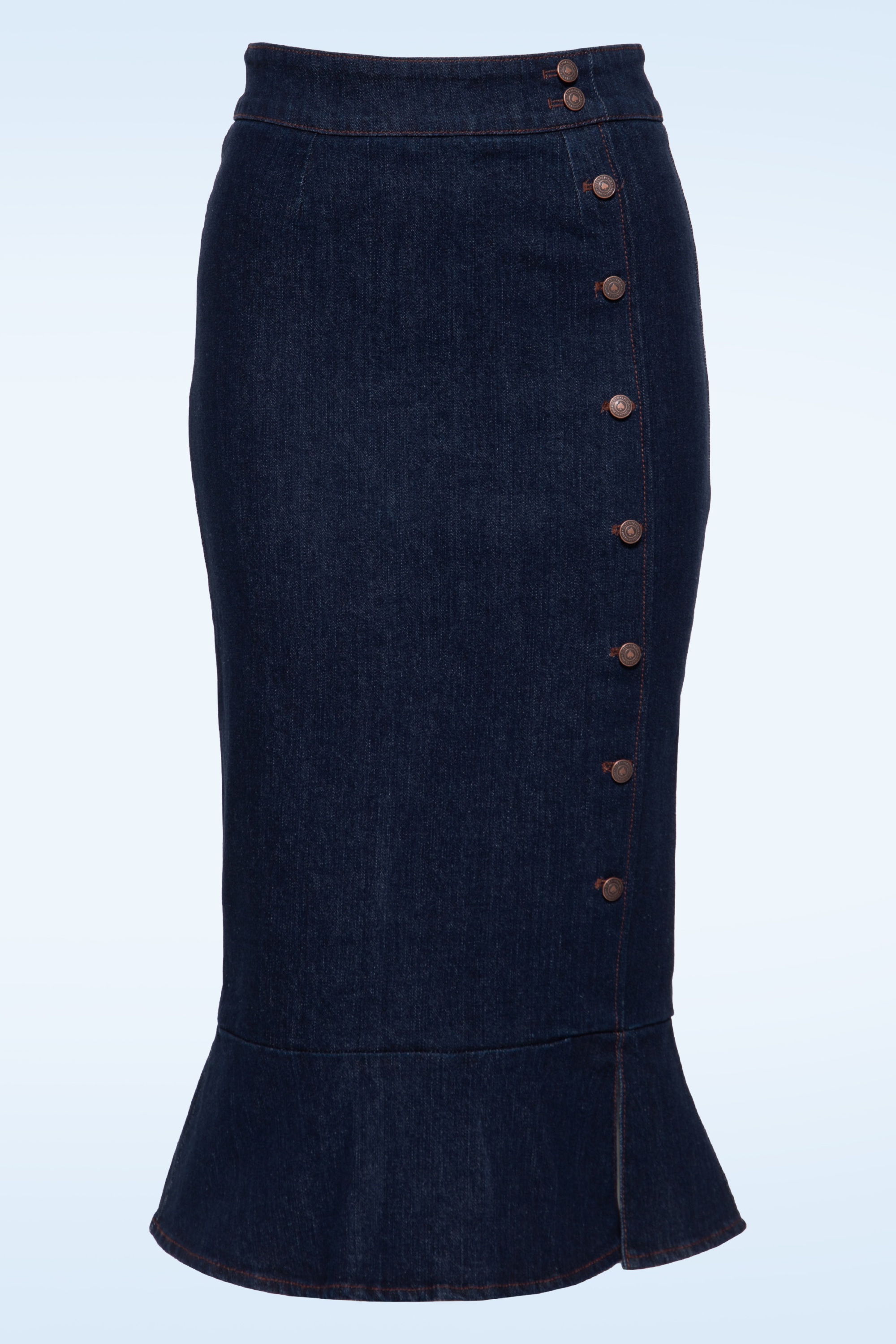 Queen Kerosin - Fishtail Denim Pencil Skirt in Dark Blue Wash