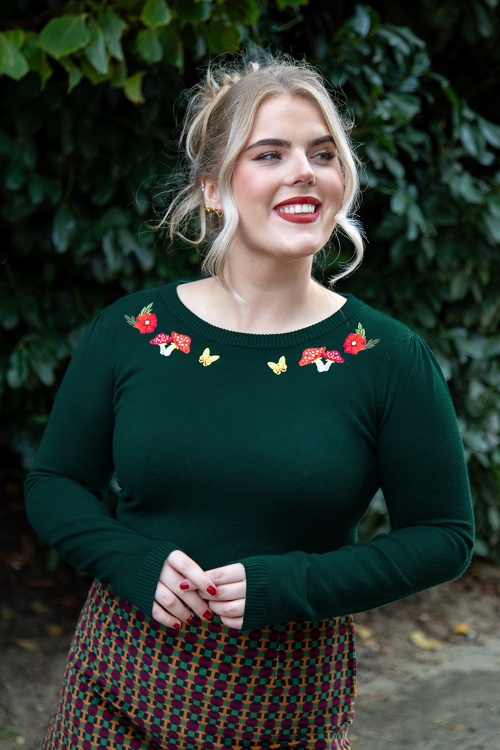 Banned Retro - Pull brodé Janice en vert foncé