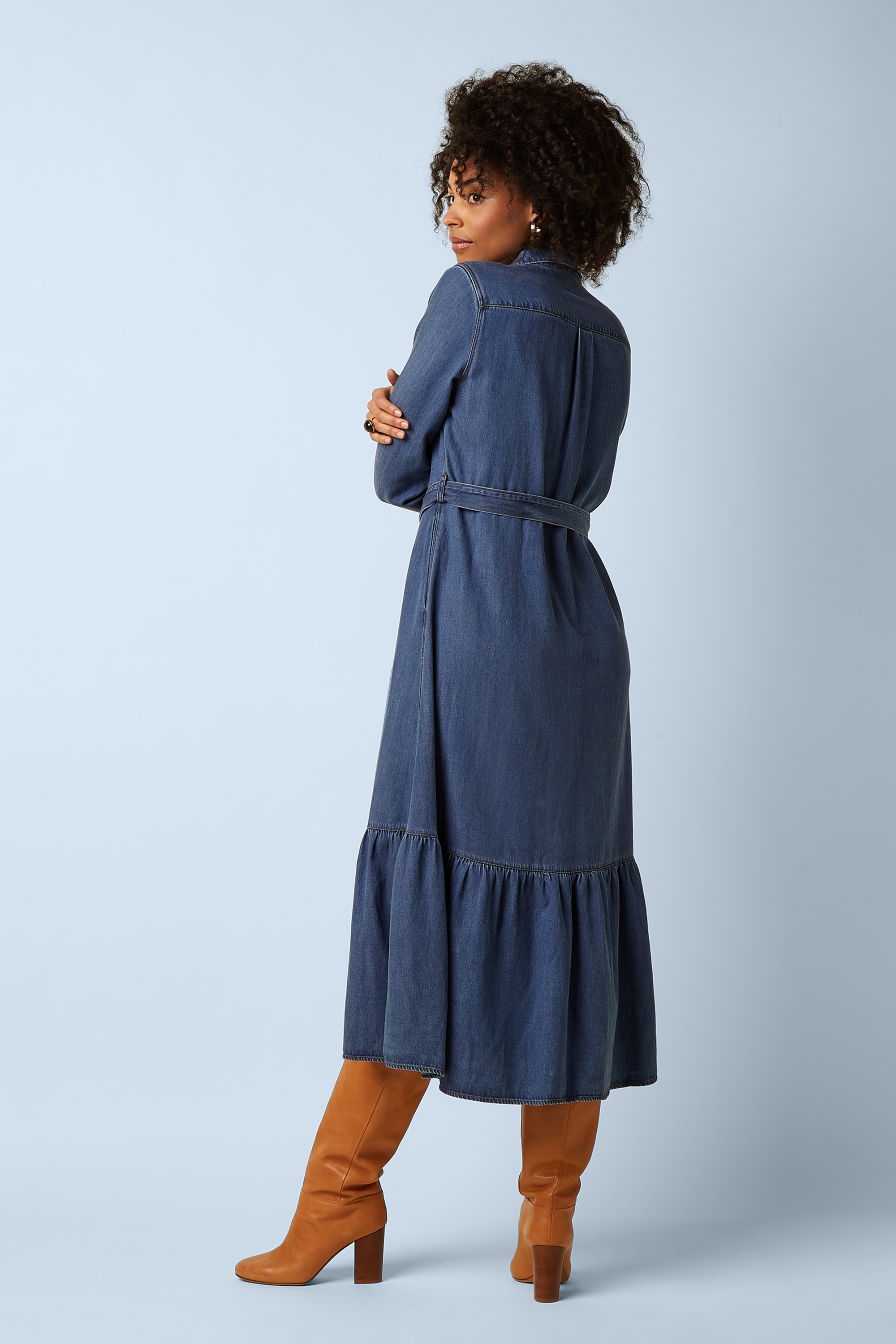 King Louie - Olive Monrose ruffle jurk in denim blauw 5