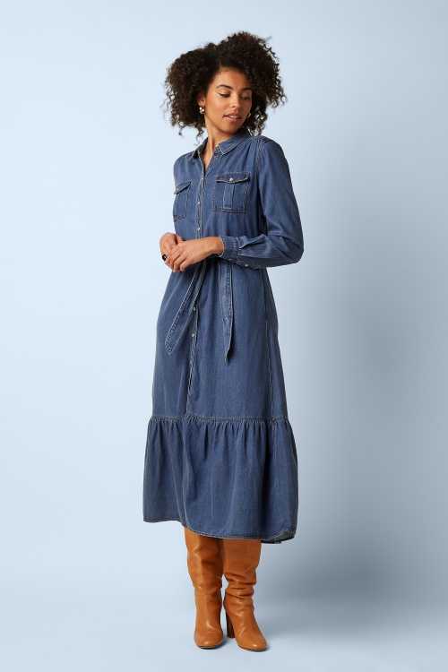 King Louie - Olive Monrose ruffle jurk in denim blauw