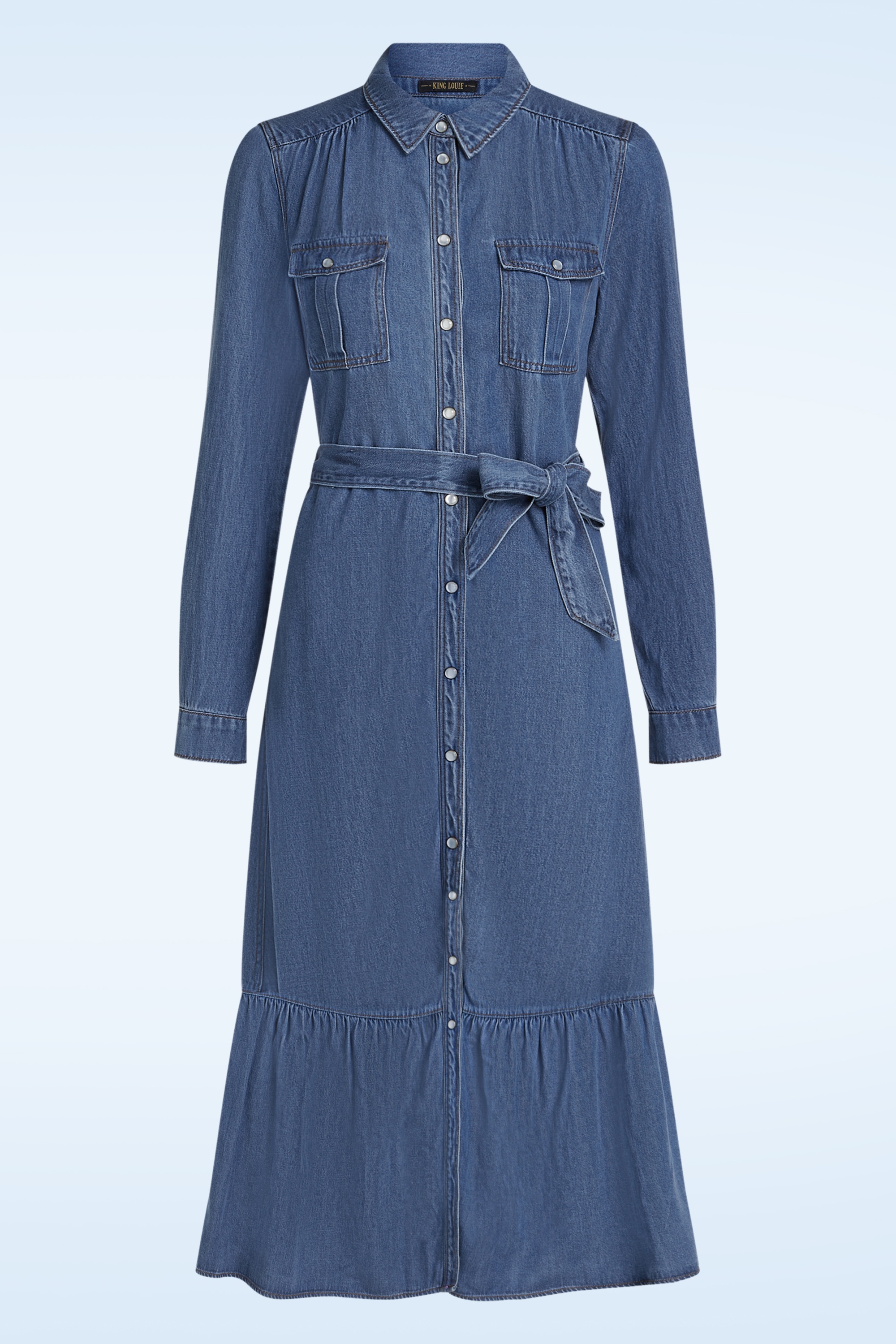 King Louie - Olive Monrose ruffle jurk in denim blauw 3