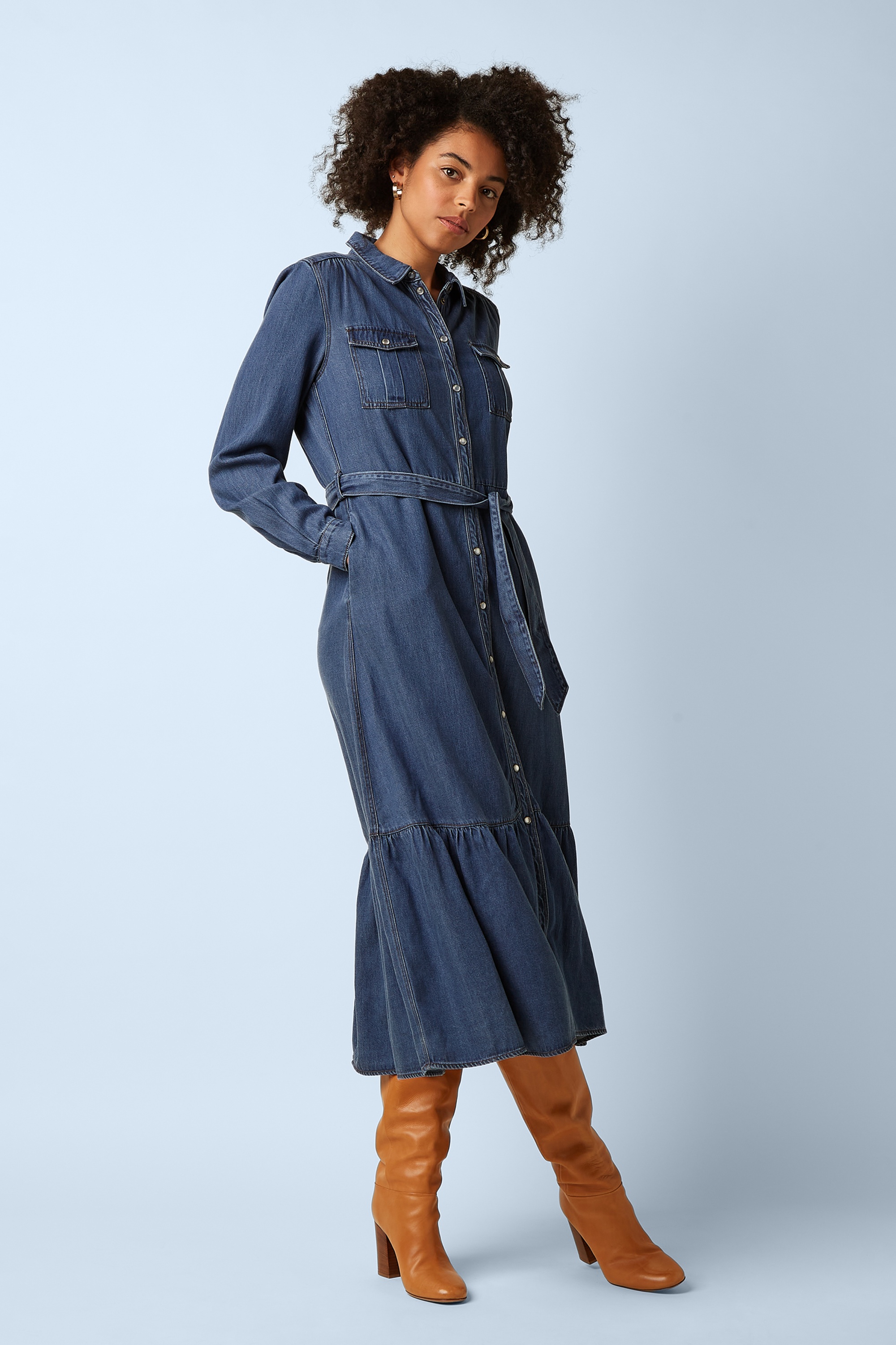 King Louie - Olive Monrose ruffle jurk in denim blauw 4