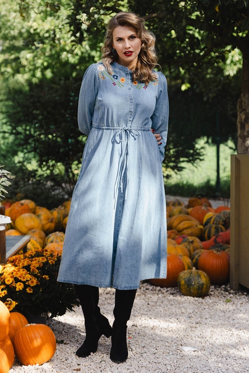 Sugarhill Brighton - Ivana Autumn Floral midi shirtjurk in blauw