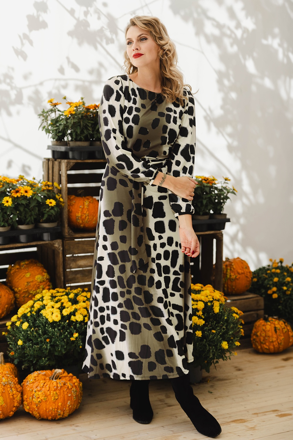 K-Design - Robe longue à motif animalier Arianne en kaki