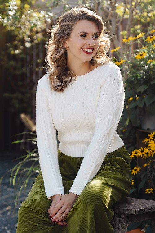 Banned Retro - Pull motif tressé Winter Whisper en maille ivoire