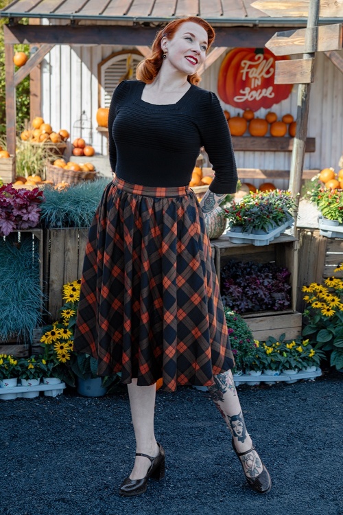 Hearts & Roses - Tira Tartan swing rok in donkerblauw en roest