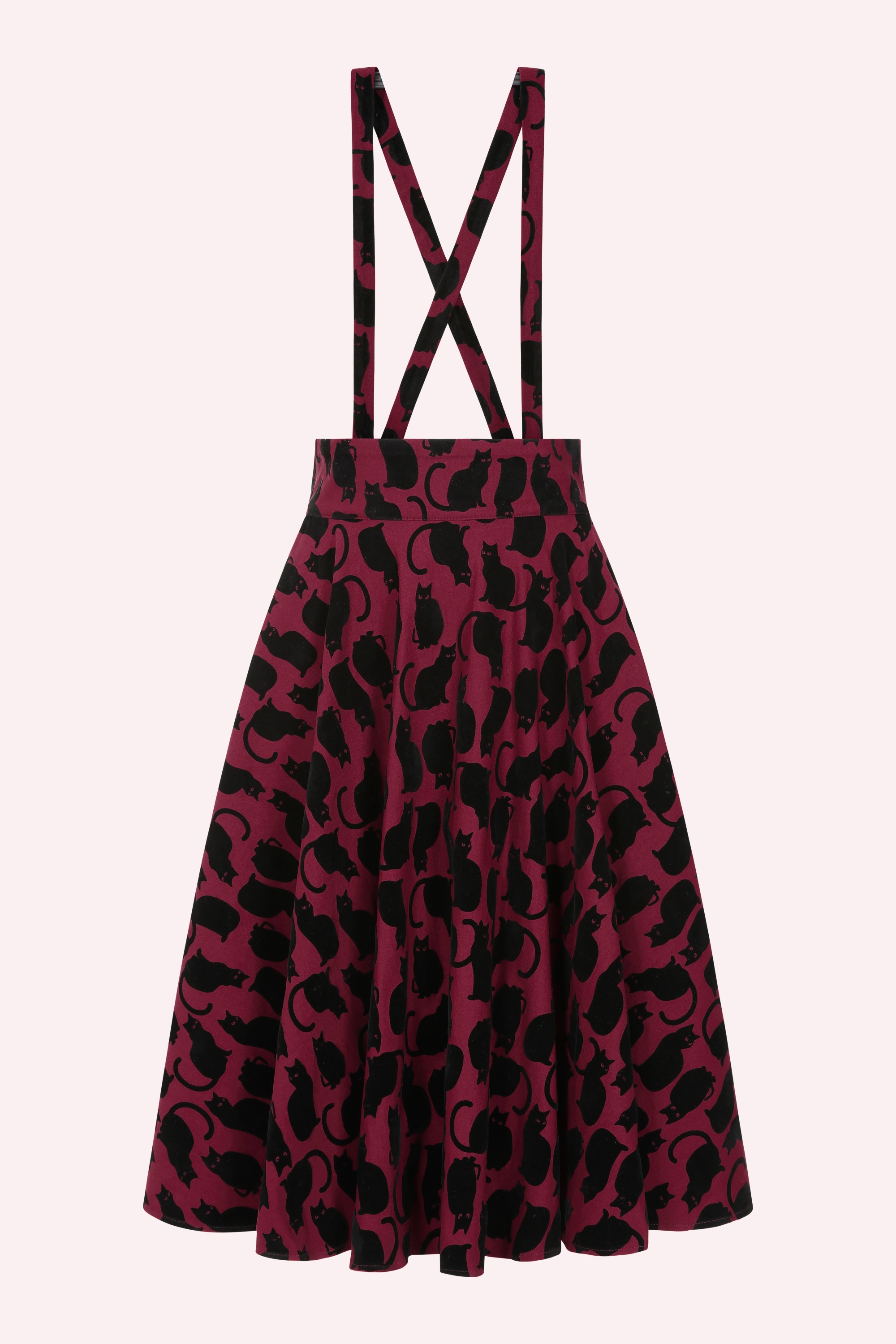 Banned Retro - Cecilia Cattitude Suspender Swing Skirt in Deep Red and Black
