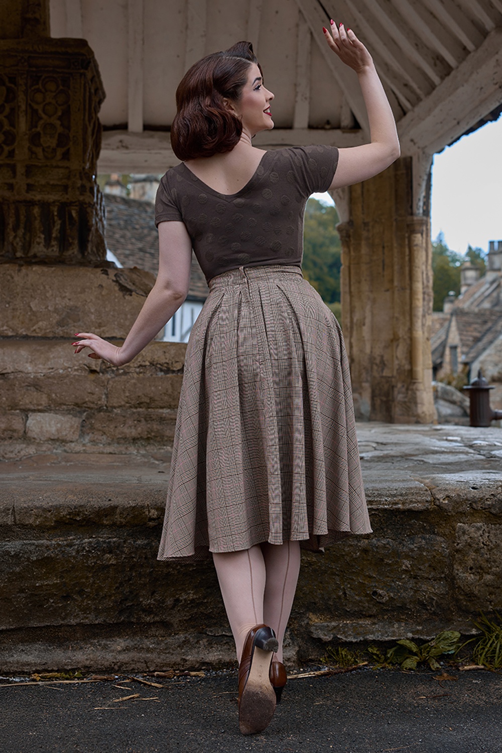 Miss Candyfloss - Cathy Sadie Tartan Swing Skirt in Sand 3