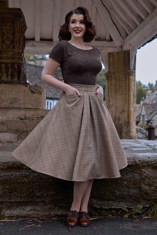 Miss Candyfloss - Cathy Sadie Tartan Swing Skirt in Sand
