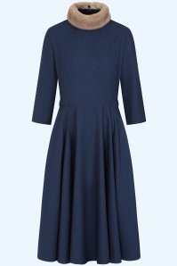 Banned Retro - Lorna Swingkleid mit Kunstfellkragen in Dunkelblau