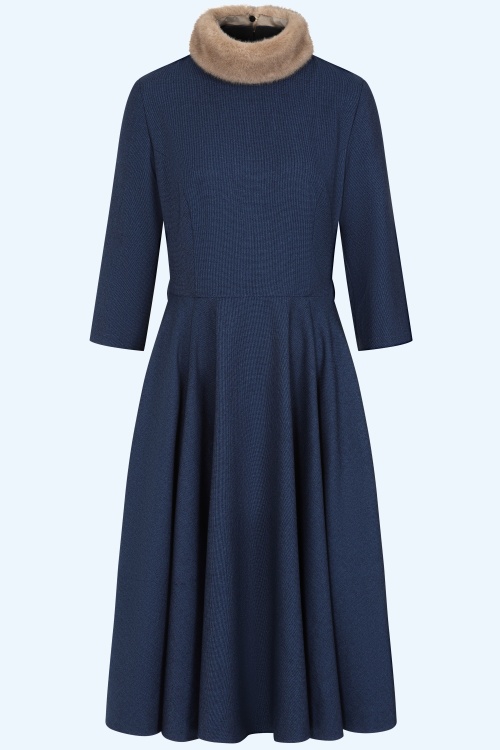 Banned Retro - Lorna Swingkleid mit Kunstfellkragen in Dunkelblau