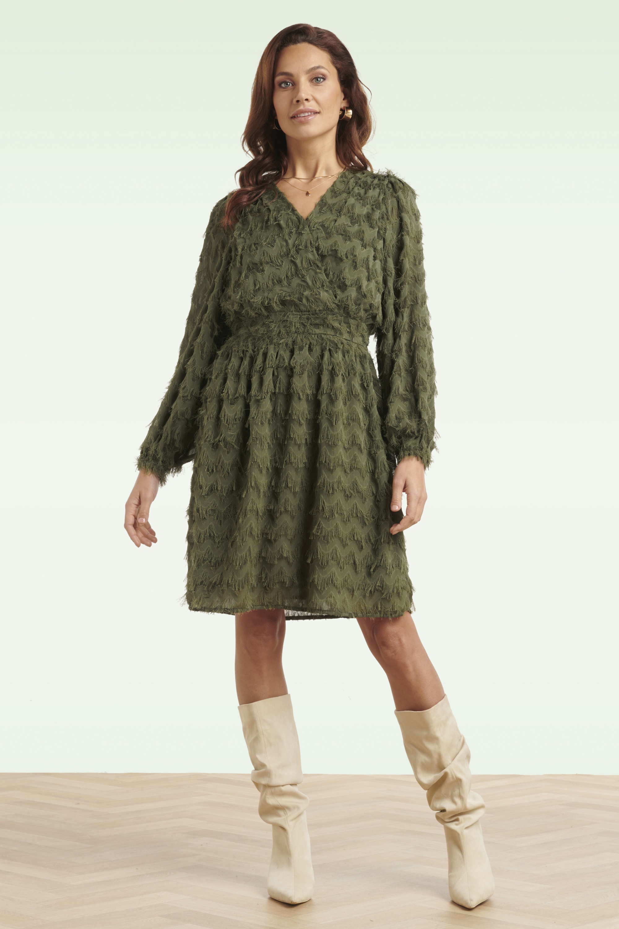 Smashed Lemon - Mila Fringe Festliches Kleid in Armygrün 3