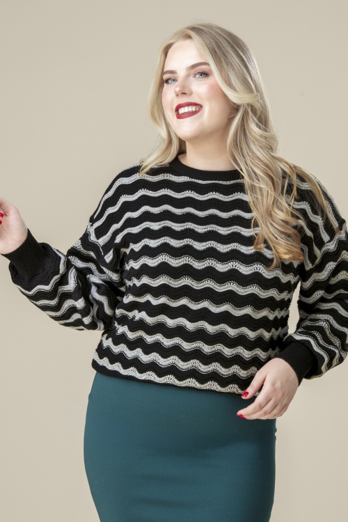 Smashed Lemon - City Lights Zig Zag Knitted Sweater in Black and Silver
