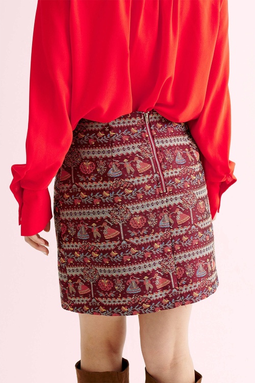 Louche - Aubin Heirloom jacquard A-lijn mini rok in wijnrood 4