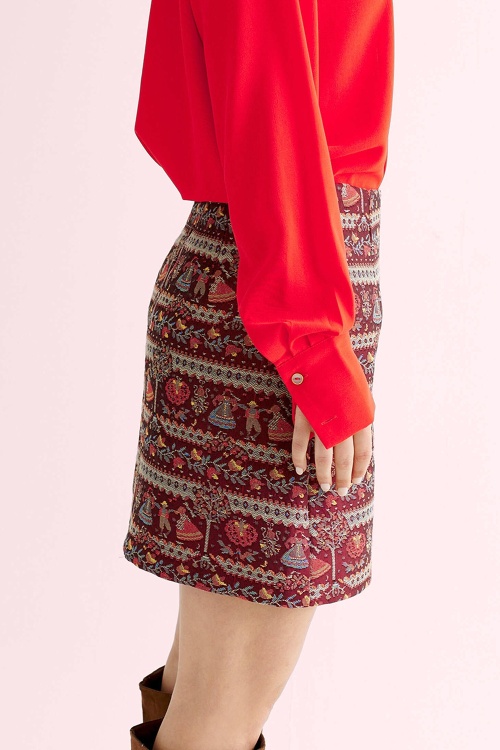 Louche - Aubin Heirloom jacquard A-lijn mini rok in wijnrood 3