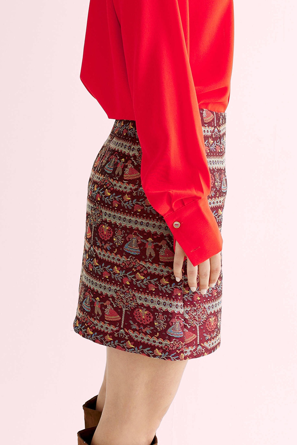 Louche - Aubin Heirloom jacquard A-lijn mini rok in wijnrood 3