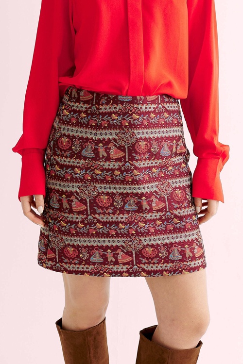 Louche - Aubin Heirloom jacquard A-lijn mini rok in wijnrood