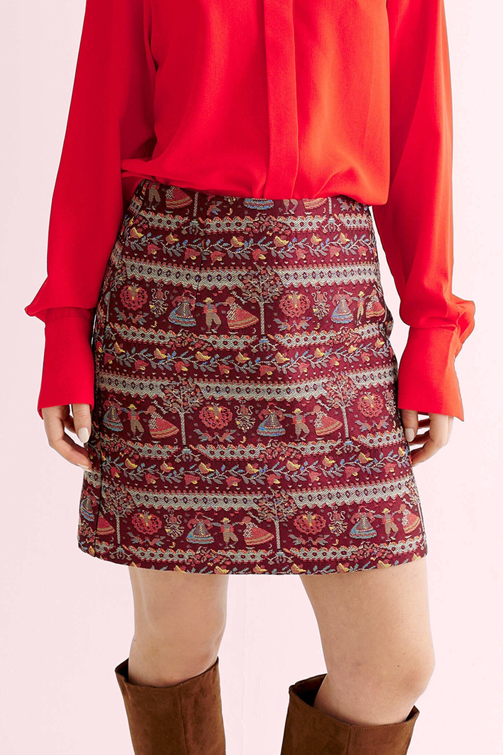 Louche - Aubin Heirloom jacquard A-lijn mini rok in wijnrood
