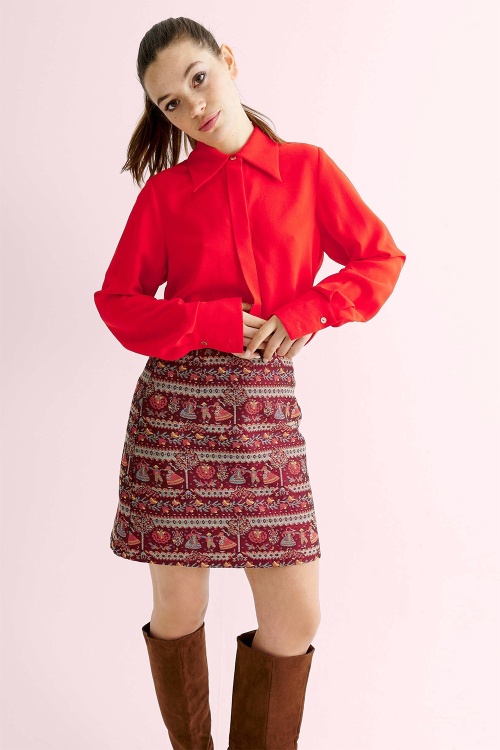 Louche - Aubin Heirloom jacquard A-lijn mini rok in wijnrood 2