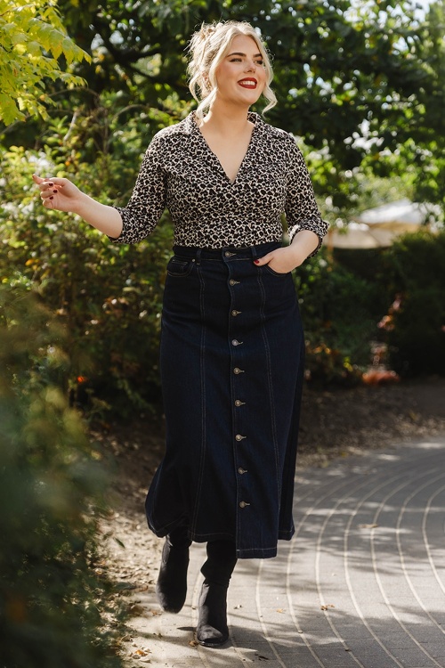 Smashed Lemon - Mila Midi  A-line Skirt in Dark Blue Denim