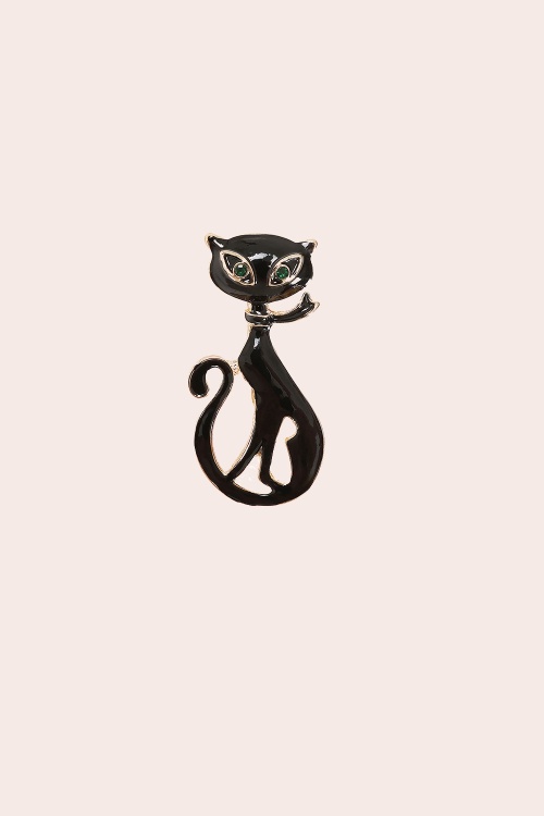 Banned Retro - Lucky Black Cat Brooch in Gold