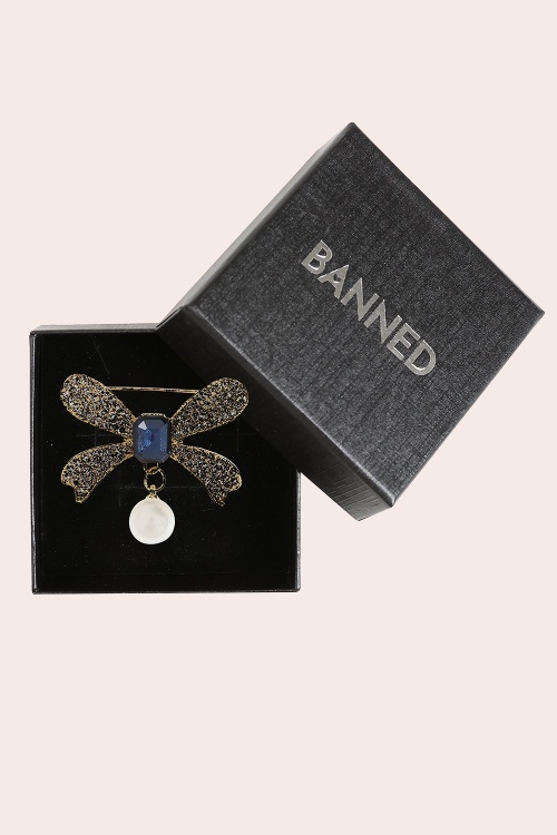 Banned Retro - Blue Belle Bow Brooch in Gold 2
