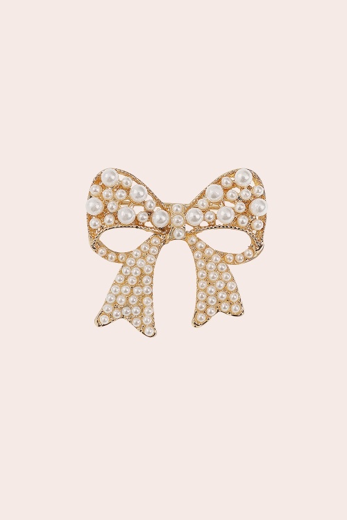 Banned Retro - Pearl Ribbon Brooch in Gold
