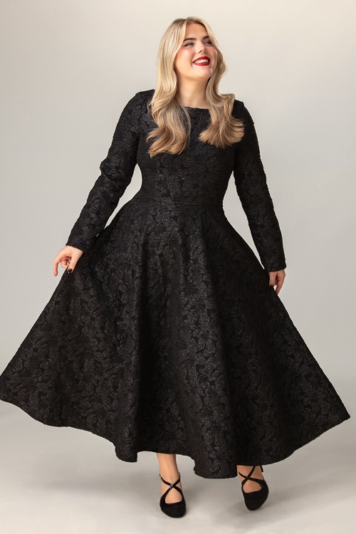Hearts & Roses - Exklusiv bei Topvintage ~ Sylvie Florales Midi-Swingkleid in Schwarz 2