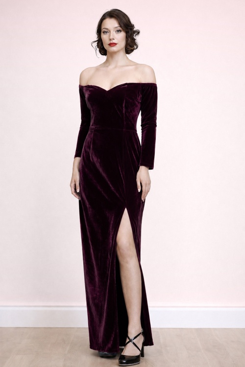 Banned Retro - Amalia fluwelen maxi jurk in bordeauxrood