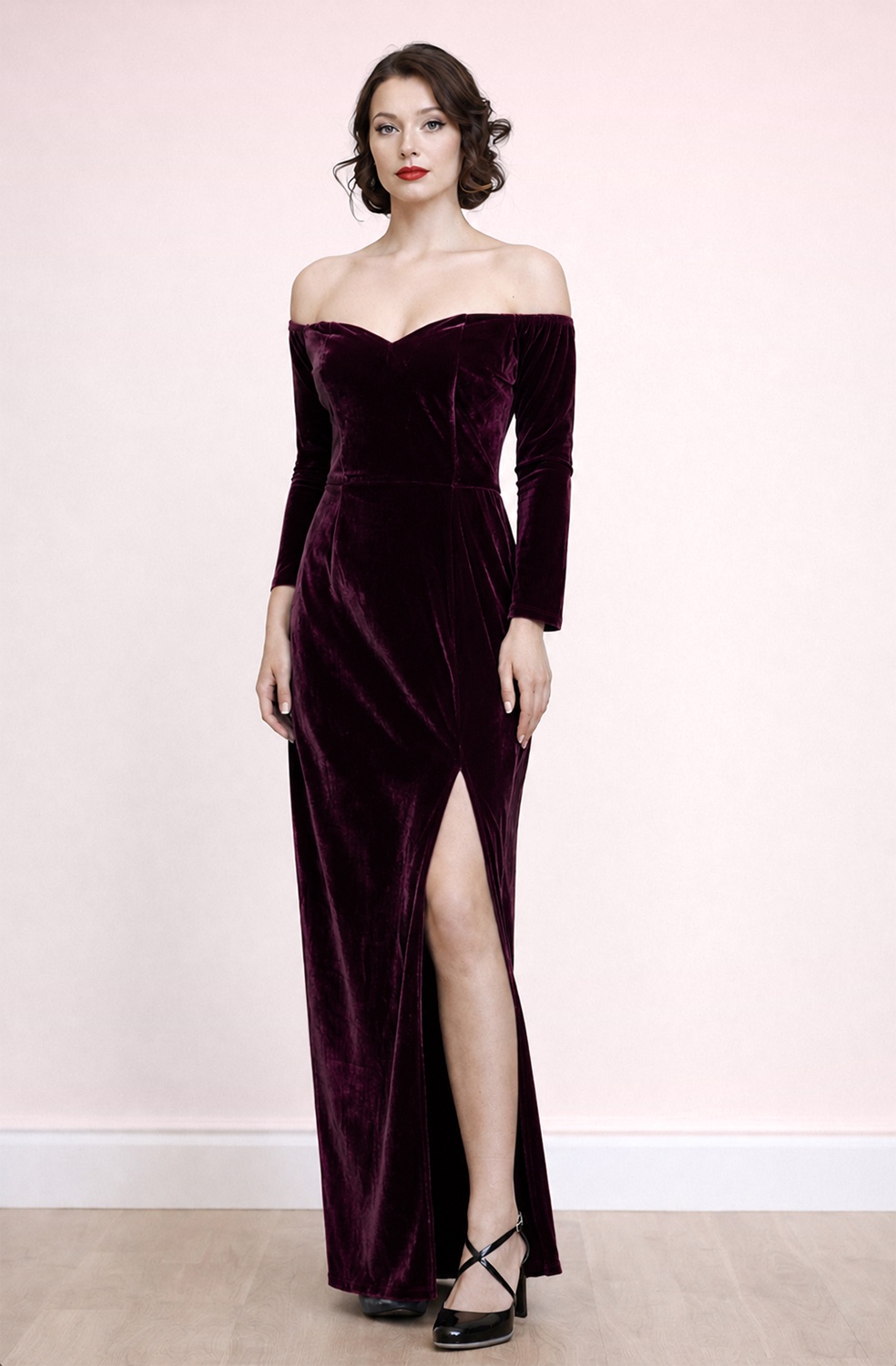 Banned Retro - Amalia fluwelen maxi jurk in bordeauxrood