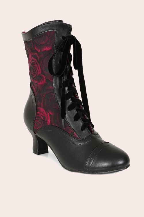 Banned Retro - Crimson Thorn Rose booties in zwart en rood 2