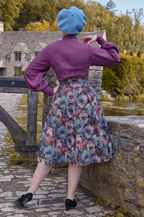 Miss Candyfloss - Emberly Azure Floral Swing Skirt in Blue and Purple 3