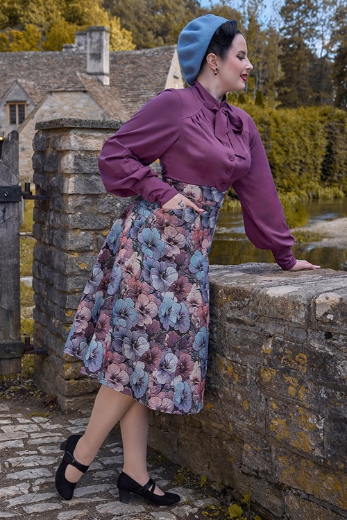 Miss Candyfloss - Emberly Azure Floral Swing Skirt in Blue and Purple