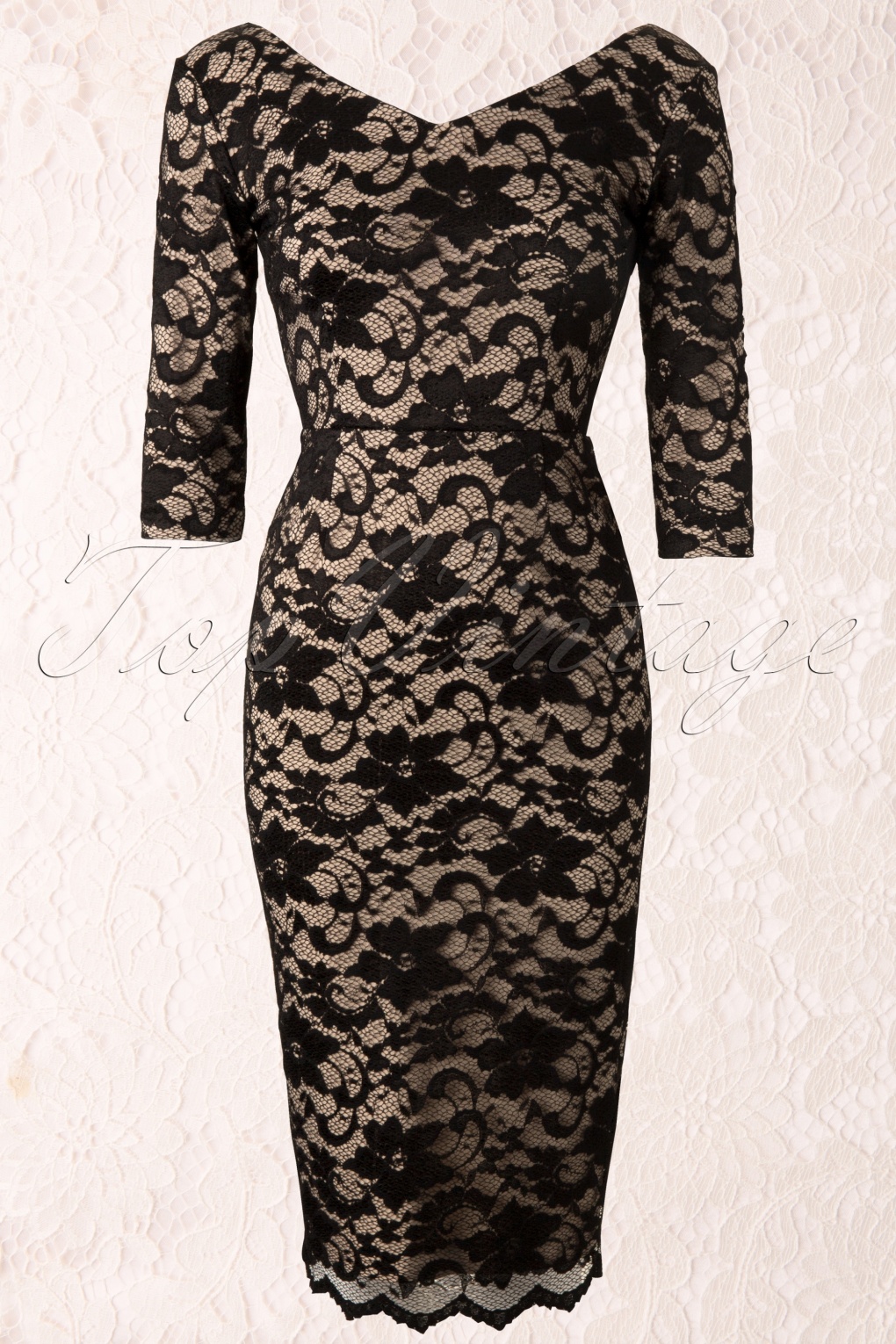 Burbank Champagne and Black Lace Pencil Dress