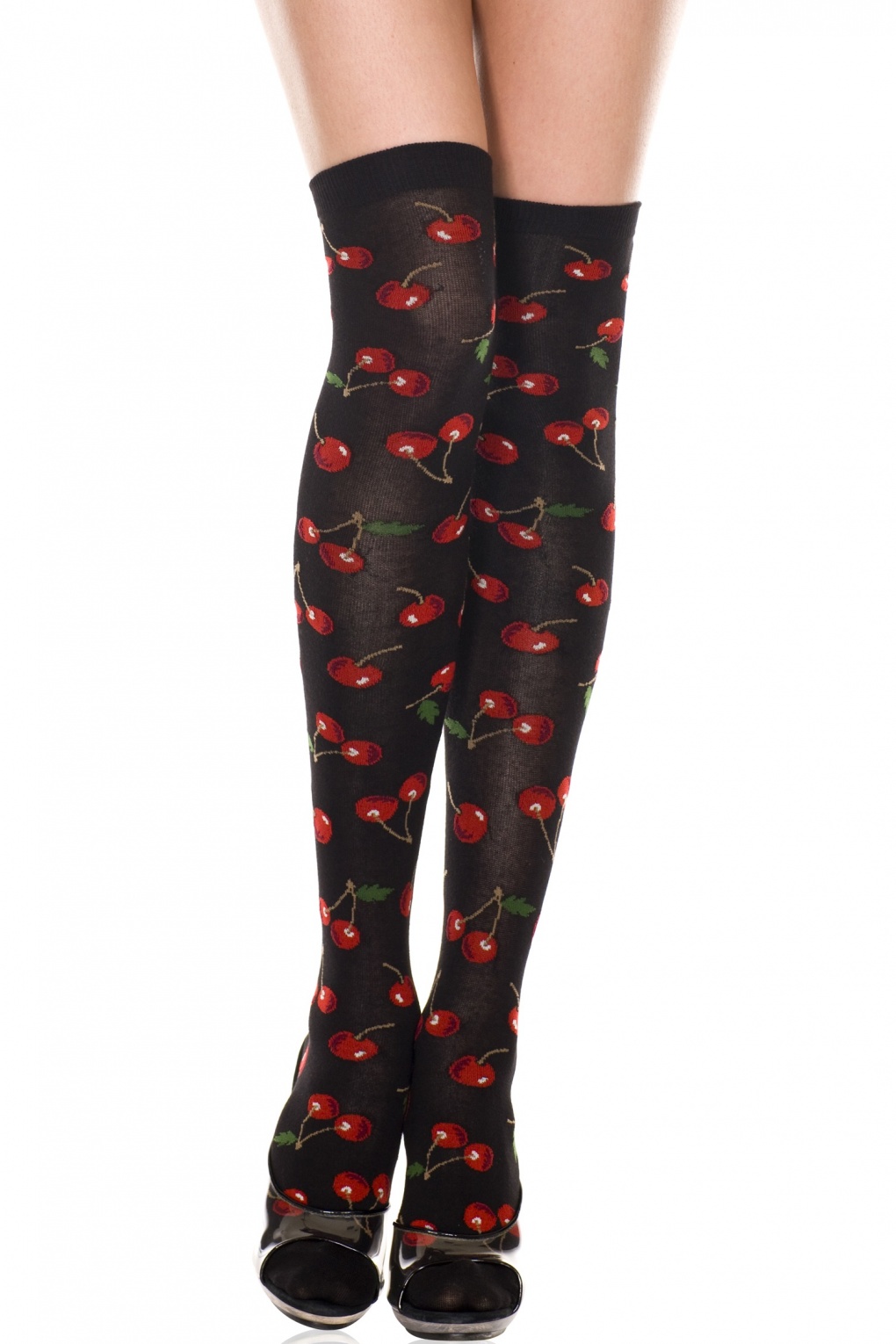 Tasty Cherries Thigh Hi Stockings in Black