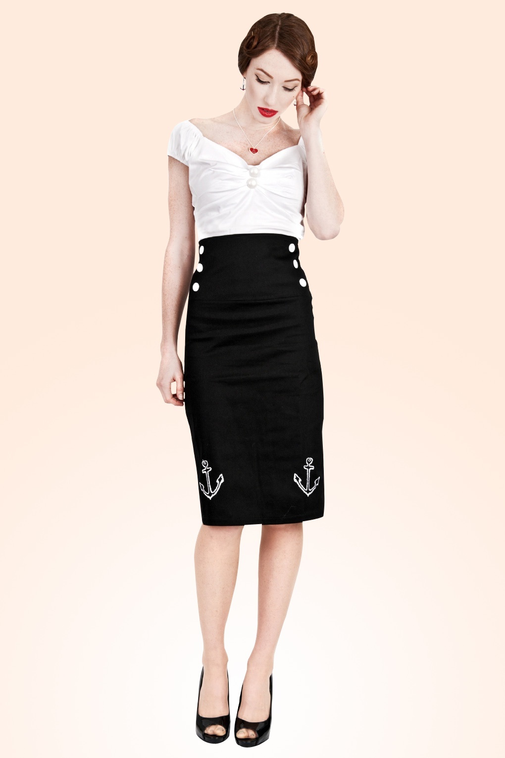 50s Ahoy Pencil Skirt Black White