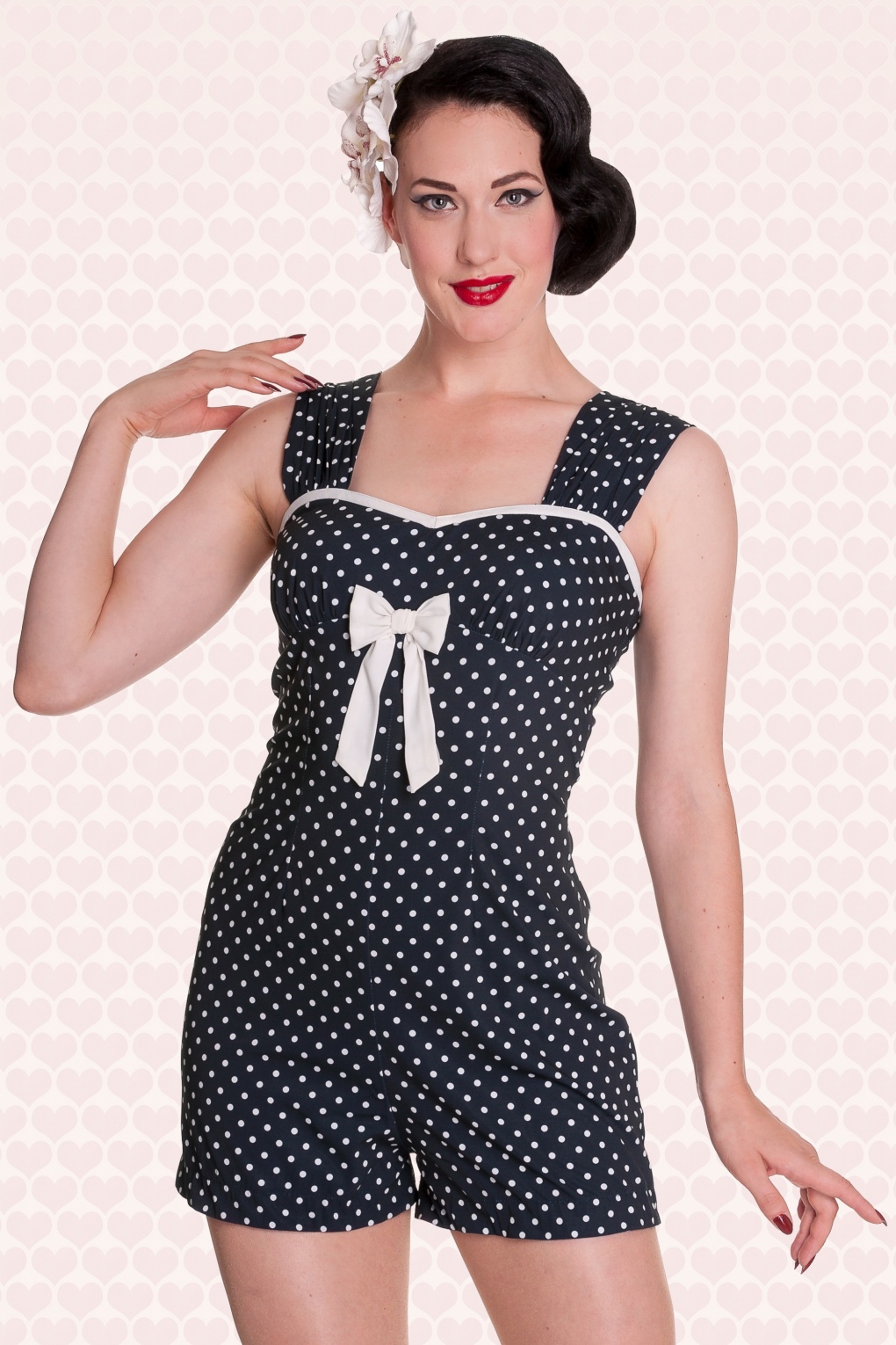 50s Delfine Playsuit in Navy and White Polka Dot