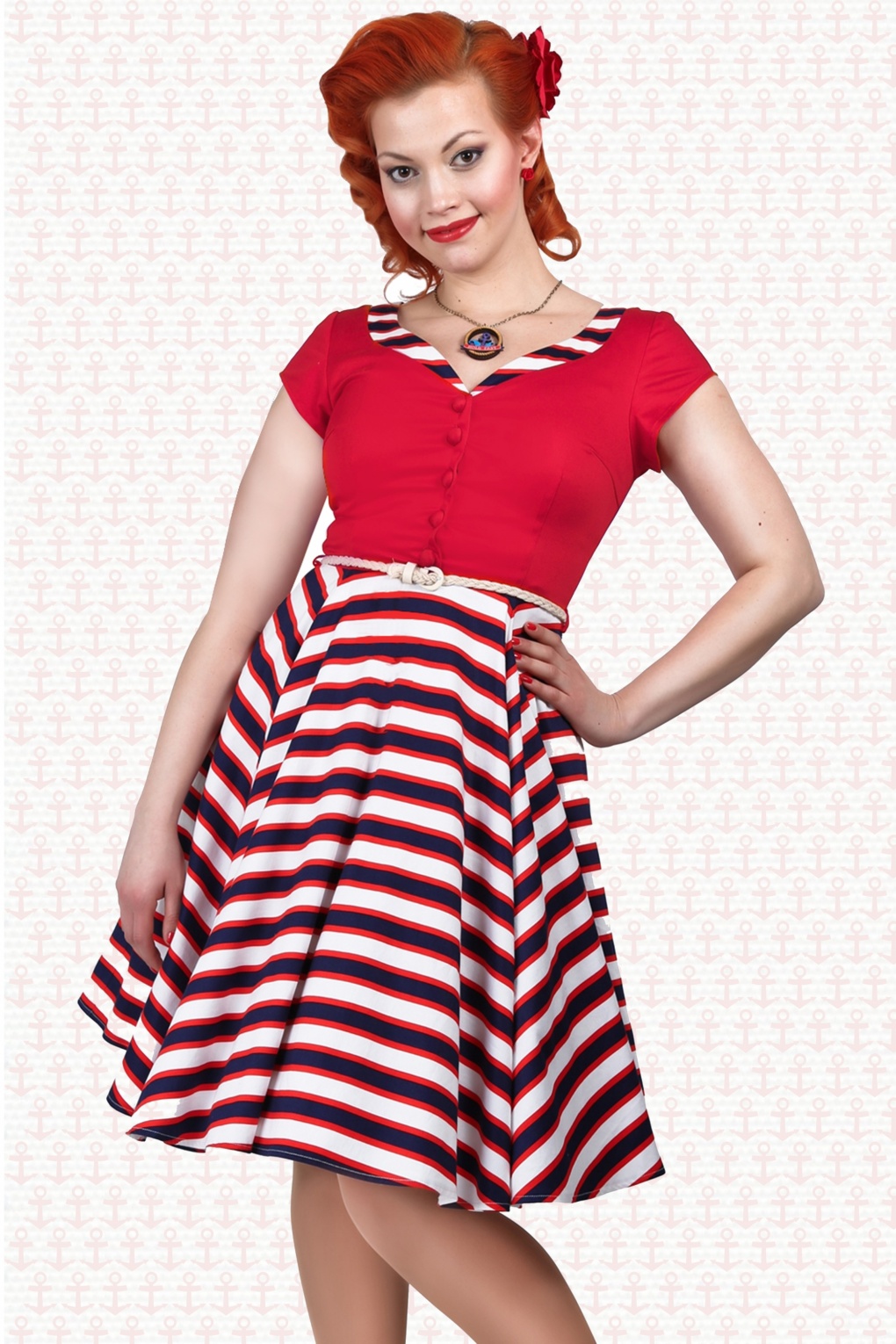 50s Francesca Striped Swing Dress In Red 