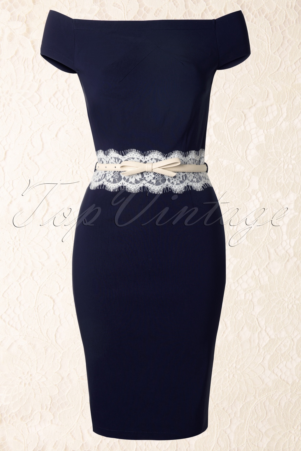 Bardot Off Shoulder Pencil Dress in Navy and Cream