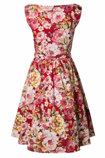 50s Audrey Floral Semi Swing Dress in Red and White
