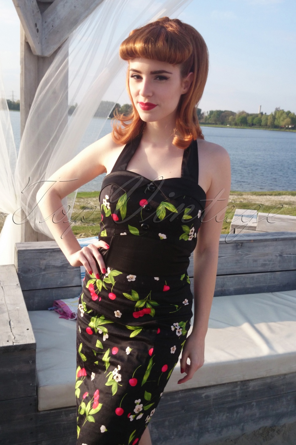 50s Black Cherry Blossom Pencil Halter Dress