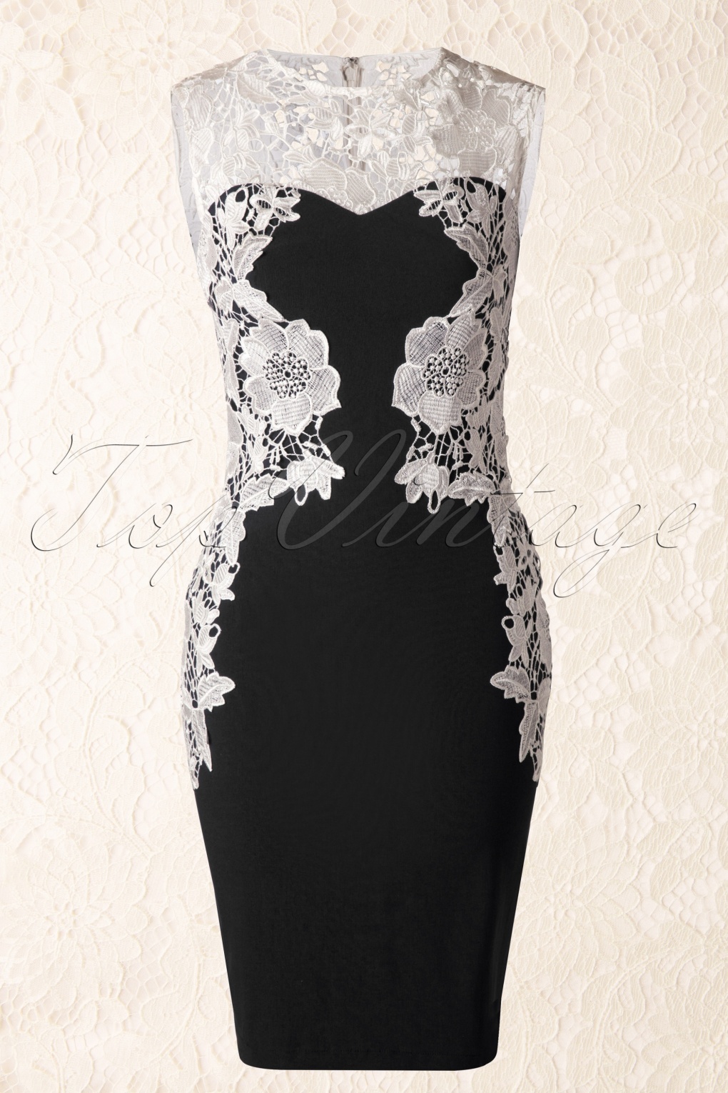 Donna Black and Cream Crochet Lace Pencil Dress