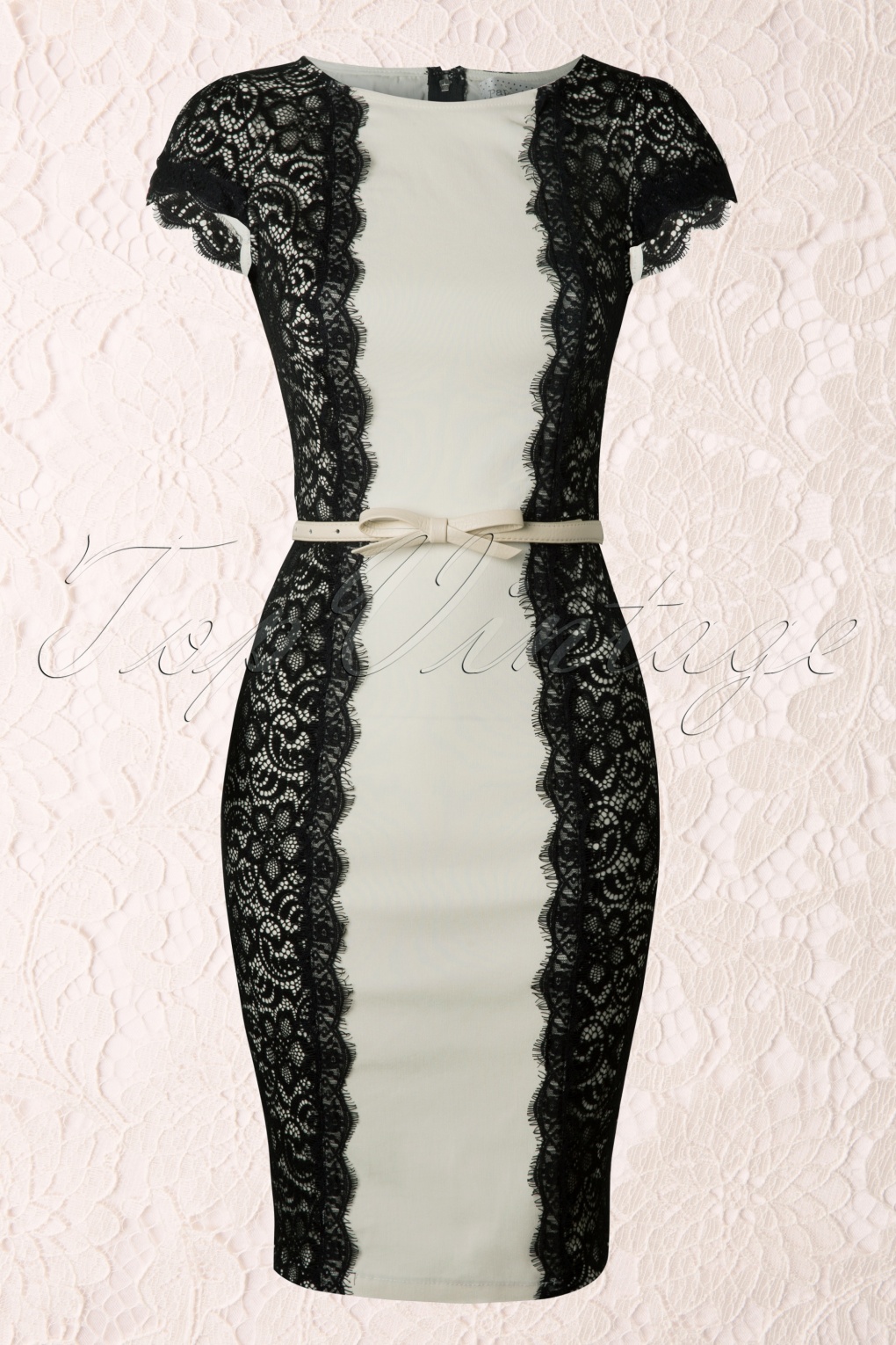 Divine Cream Pencil Dress with Black Lace