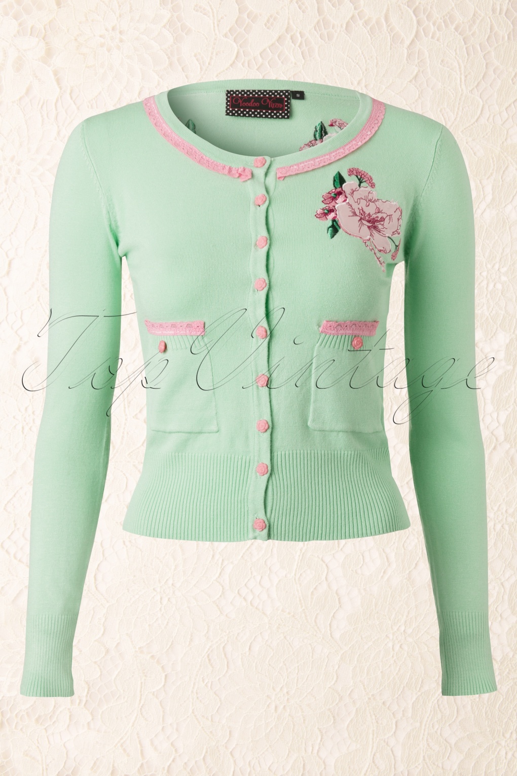 Light Green Cardigan  with Pink Flowers