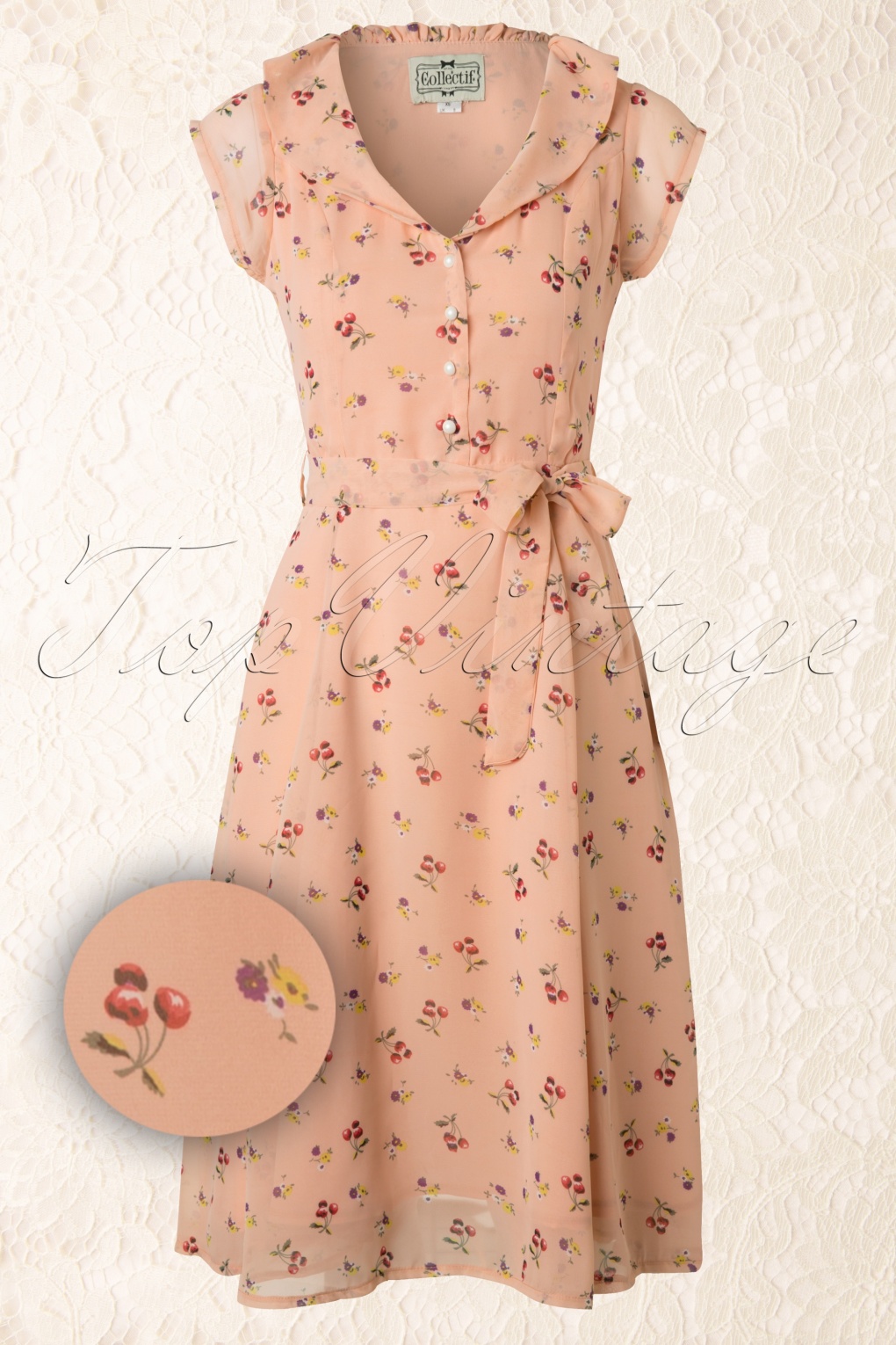 50s Violet Floral Cherry Dress in Pink