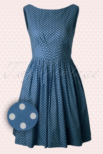 50s Abigail A-line Dress in Blue and White Polka