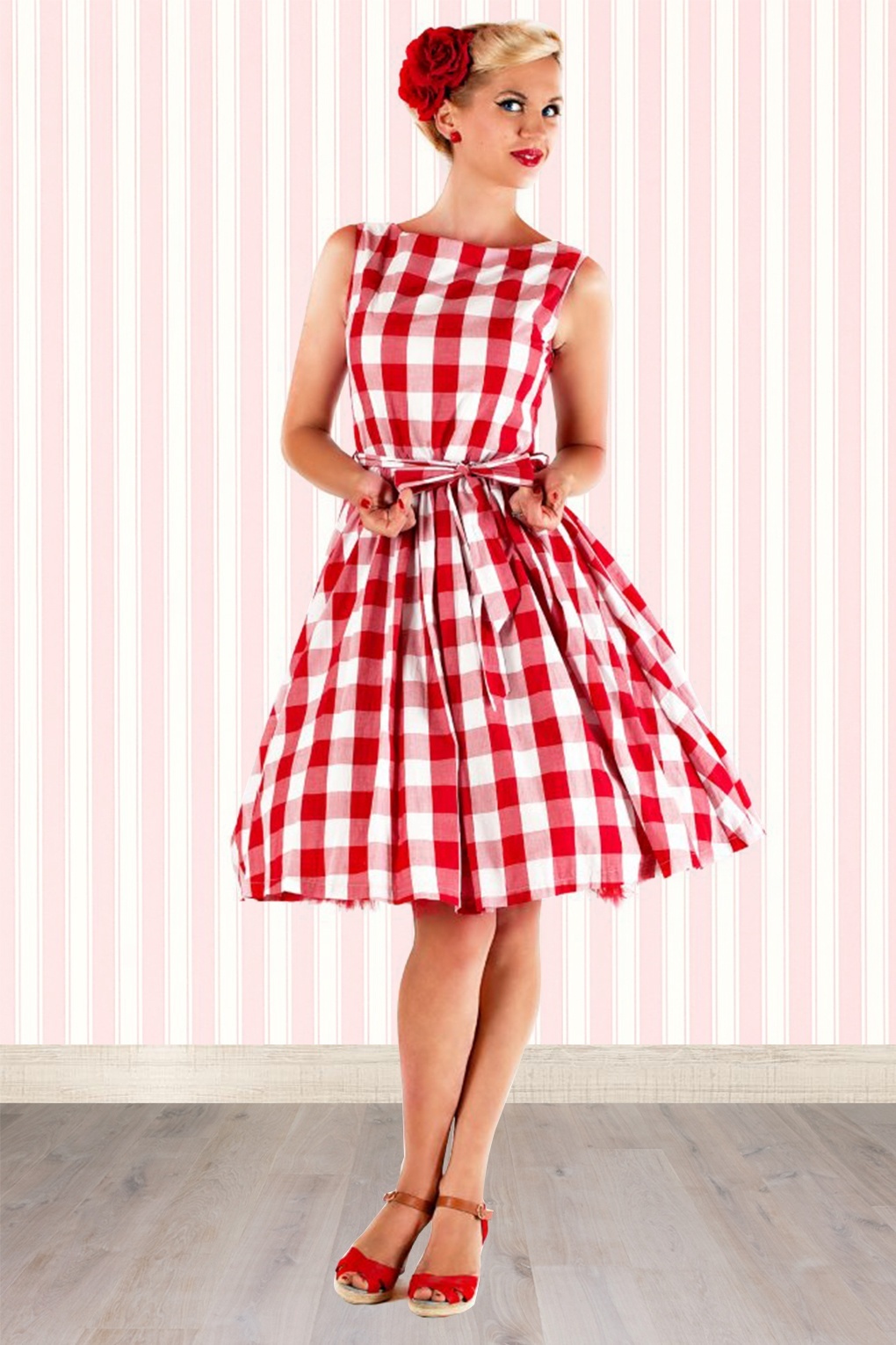  50s  Audrey Picnic Swing Dress  in Red  And White