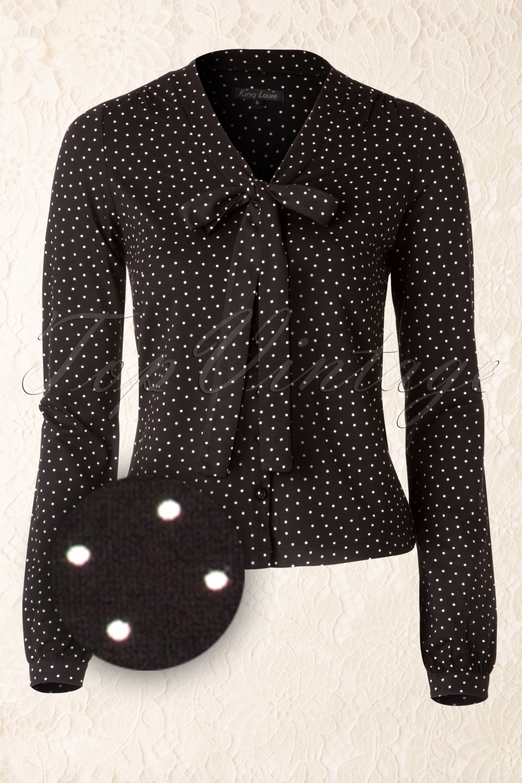 50s Little White Dots Bow Blouse in Black